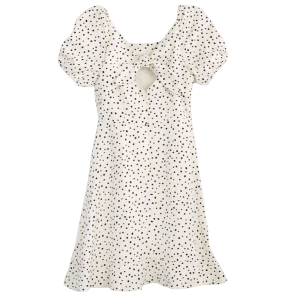 LOFT White Black Polka Dot Linen Puff Sleeve Cut-Out Tie Back Flare‎ Dress 14 - Picture 3 of 16